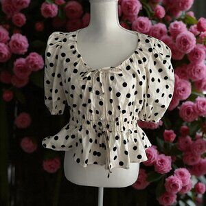 JOIE Cream Black Polka Dot Puff Sleeve Top Size Medium NEW NWT
